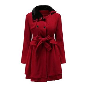 plazru double breasted faux fur collar jacket lapel pea coats for women winter long trench coat with belt elegant swing coat