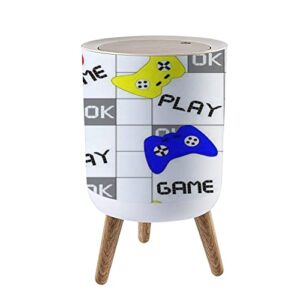 cakojv188 round trash can with press lid game seamless for boys with game joystick in squares small garbage can trash bin dog-proof trash can wooden legs waste bin wastebasket 7l/1.8 gallon