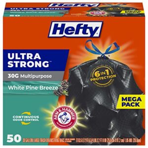 hefty ultra strong multipurpose large trash bags, black, white pine breeze scent, 30 gallon, 50 count