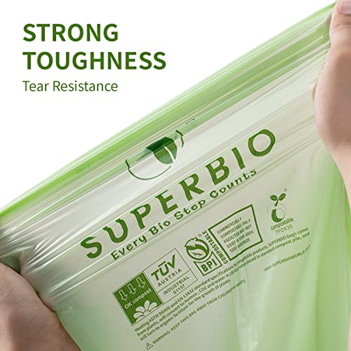 SUPERBIO 1.6 Gallon Compostable Handle Tie Garbage Bags, Small Trash Bags With Handles for Countertop Bin US BPI & Europe OK Compost Certified (Green, 50 Count (Pack of 1))