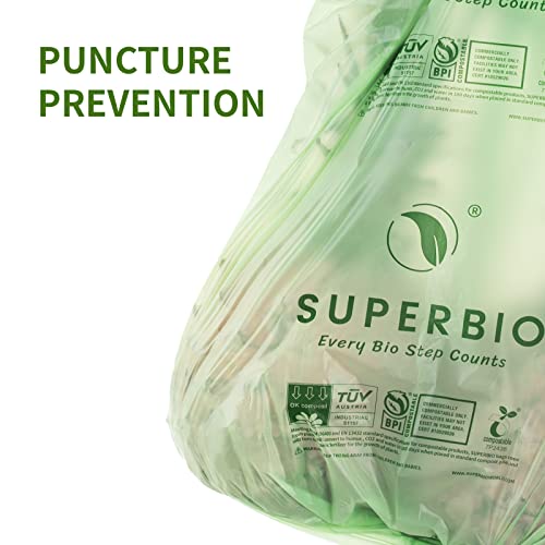 SUPERBIO 1.6 Gallon Compostable Handle Tie Garbage Bags, Small Trash Bags With Handles for Countertop Bin US BPI & Europe OK Compost Certified (Green, 50 Count (Pack of 1))