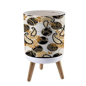 trash can with lid seamless golden print with paisley motifs template for shirts dresses wood small garbage bin waste bin for kitchen bathroom bedroom press cover wastebasket 7l/1.8 gallon