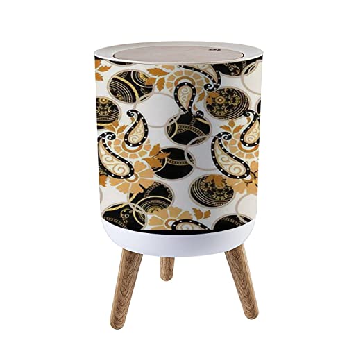 Trash Can with Lid Seamless Golden Print with Paisley Motifs Template for Shirts Dresses Wood Small Garbage Bin Waste Bin for Kitchen Bathroom Bedroom Press Cover Wastebasket 7L/1.8 Gallon