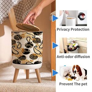 Trash Can with Lid Seamless Golden Print with Paisley Motifs Template for Shirts Dresses Wood Small Garbage Bin Waste Bin for Kitchen Bathroom Bedroom Press Cover Wastebasket 7L/1.8 Gallon