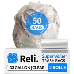 [made in usa] reli. 33 gallon trash bags (50 bags) | clear trash bags | recycling bags | plastic trash bags 30+ gallon (32 gal – 33 gal) | large garbage bags/can liners, heavy duty 33 gal | supervalue