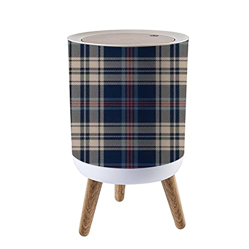 Trash Can with Lid Tartan Plaid Menswear in Navy Blue red Beige Striped Seamless Dark Wood Small Garbage Bin Waste Bin for Kitchen Bathroom Bedroom Press Cover Wastebasket 7L/1.8 Gallon