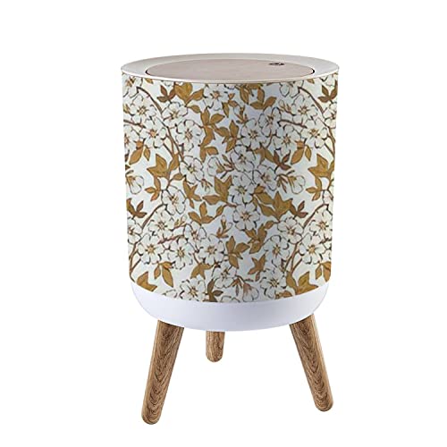 Trash Can with Lid Trendy Seamless Floral Seamless Print Made of Small White Flowers and Wood Small Garbage Bin Waste Bin for Kitchen Bathroom Bedroom Press Cover Wastebasket 7L/1.8 Gallon