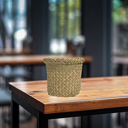 VOSAREA Vintage Waste Basket Natural Woven Waste Basket Rattan Laundry Hamper Flower Planter Pot for Rubbish Office Organizer