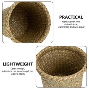 VOSAREA Vintage Waste Basket Natural Woven Waste Basket Rattan Laundry Hamper Flower Planter Pot for Rubbish Office Organizer