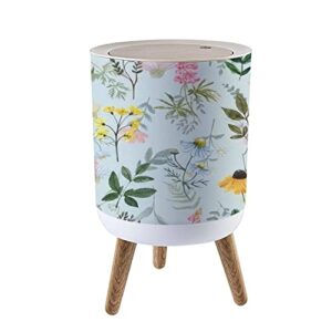 Small Trash Can with Lid Summer floral seamless with wild flowers on pastel blue Watercolor Garbage Bin Wood Waste Bin Press Cover Round Wastebasket for Bathroom Bedroom Diaper Office Kitchen