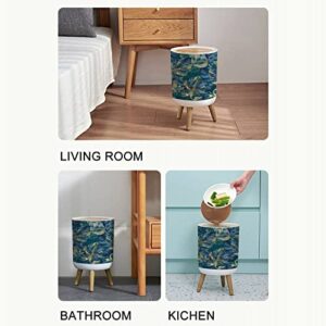 Small Trash Can with Lid Watercolor seamless with navy blue and golden tropical leaves on a Garbage Bin Wood Waste Bin Press Cover Round Wastebasket for Bathroom Bedroom Diaper Office Kitchen