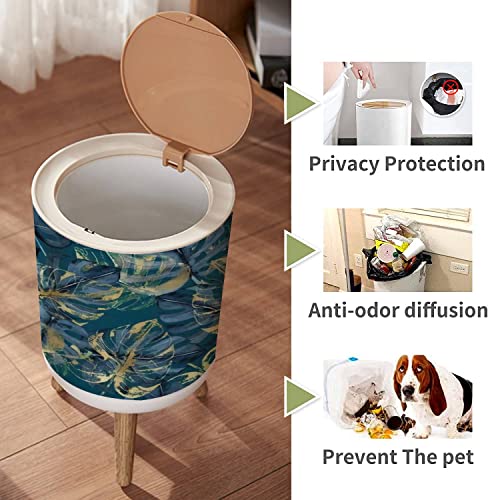 Small Trash Can with Lid Watercolor seamless with navy blue and golden tropical leaves on a Garbage Bin Wood Waste Bin Press Cover Round Wastebasket for Bathroom Bedroom Diaper Office Kitchen