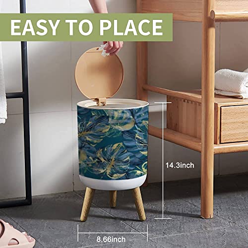 Small Trash Can with Lid Watercolor seamless with navy blue and golden tropical leaves on a Garbage Bin Wood Waste Bin Press Cover Round Wastebasket for Bathroom Bedroom Diaper Office Kitchen