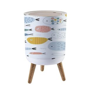 Small Trash Can with Lid Seamless childish with funny fishes Creative scandinavian kids texture Garbage Bin Wood Waste Bin Press Cover Round Wastebasket for Bathroom Bedroom Diaper Office Kitchen