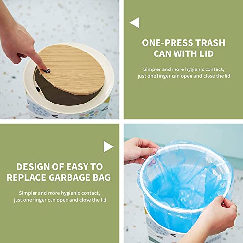 Small Trash Can with Lid Seamless childish with funny fishes Creative scandinavian kids texture Garbage Bin Wood Waste Bin Press Cover Round Wastebasket for Bathroom Bedroom Diaper Office Kitchen