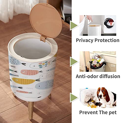 Small Trash Can with Lid Seamless childish with funny fishes Creative scandinavian kids texture Garbage Bin Wood Waste Bin Press Cover Round Wastebasket for Bathroom Bedroom Diaper Office Kitchen