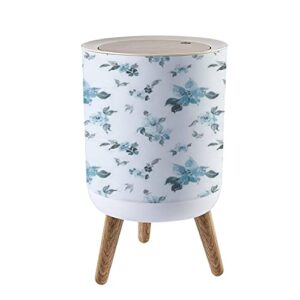 small trash can with lid watercolor vintage teal floral seamless for fabric dusty blue flowers garbage bin wood waste bin press cover round wastebasket for bathroom bedroom diaper office kitchen