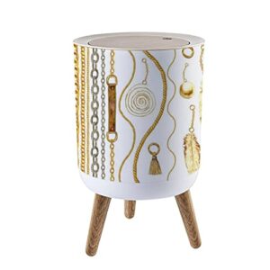 ibpnkfaz89 small trash can with lid golden chain glamour seamless watercolor texture with golden chains garbage bin wood waste bin press cover round wastebasket for bathroom bedroom office kitchen