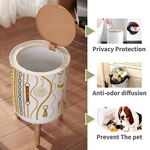 IBPNKFAZ89 Small Trash Can with Lid Golden Chain Glamour Seamless Watercolor Texture with Golden Chains Garbage Bin Wood Waste Bin Press Cover Round Wastebasket for Bathroom Bedroom Office Kitchen