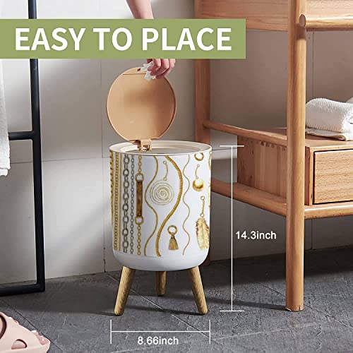 IBPNKFAZ89 Small Trash Can with Lid Golden Chain Glamour Seamless Watercolor Texture with Golden Chains Garbage Bin Wood Waste Bin Press Cover Round Wastebasket for Bathroom Bedroom Office Kitchen