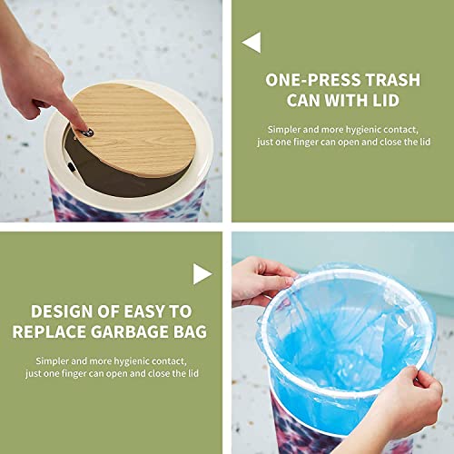 Small Trash Can with Lid Tie dye shibori seamless Watercolor hand painted pink red indigo blue Garbage Bin Wood Waste Bin Press Cover Round Wastebasket for Bathroom Bedroom Diaper Office Kitchen