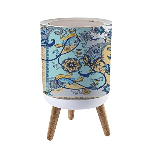 Trash Can with Lid Abstract Silk Scarf with Paisley Beautiful Oriental Paisley Classic Wood Small Garbage Bin Waste Bin for Kitchen Bathroom Bedroom Press Cover Wastebasket 7L/1.8 Gallon