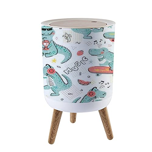 Trash Can with Lid Music Lover Dinosaur Seamless for Kids Fashion Childish with Cute Wood Small Garbage Bin Waste Bin for Kitchen Bathroom Bedroom Press Cover Wastebasket 7L/1.8 Gallon