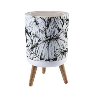 small trash can with lid watercolor tropical palm leaves seamless fashion grunge hawaiian wood legs press cover garbage bin round waste bin wastebasket for kitchen bathroom office 7l/1.8 gallon