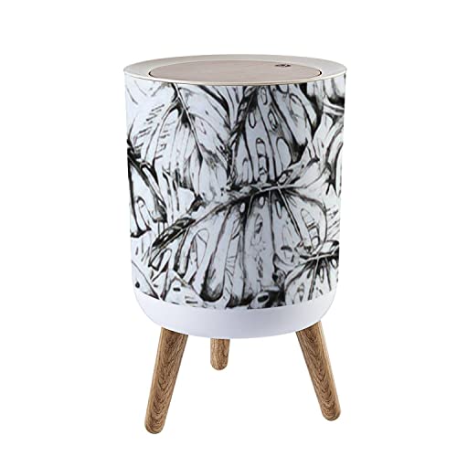 Small Trash Can with Lid Watercolor Tropical Palm Leaves Seamless Fashion Grunge Hawaiian Wood Legs Press Cover Garbage Bin Round Waste Bin Wastebasket for Kitchen Bathroom Office 7L/1.8 Gallon