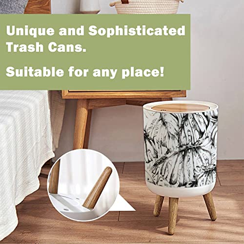 Small Trash Can with Lid Watercolor Tropical Palm Leaves Seamless Fashion Grunge Hawaiian Wood Legs Press Cover Garbage Bin Round Waste Bin Wastebasket for Kitchen Bathroom Office 7L/1.8 Gallon