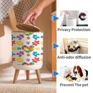 Trash Can with Lid Seamless with Colorful Jigsaw Puzzles and Heart on White Watercolor Wood Small Garbage Bin Waste Bin for Kitchen Bathroom Bedroom Press Cover Wastebasket 7L/1.8 Gallon