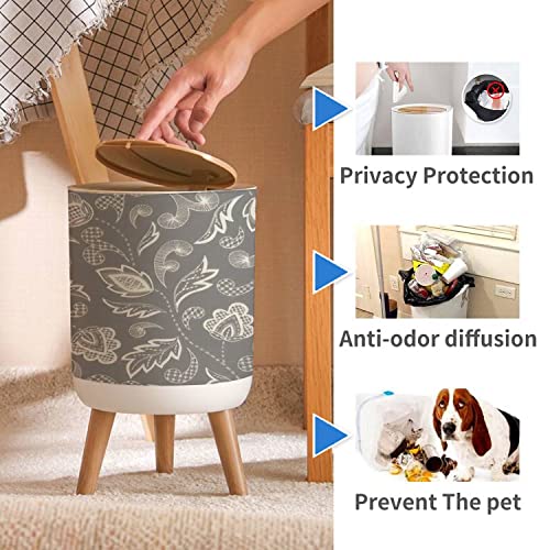 Trash Can with Lid Crewel Embroidery Floral Lace Needlework Seamless Hand Drawn Wood Small Garbage Bin Waste Bin for Kitchen Bathroom Bedroom Press Cover Wastebasket 7L/1.8 Gallon