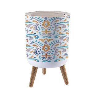 small trash can with lid embroidered seamless bohemian wavy print watercolor texture on a white 7 liter round garbage can elasticity press cover lid wastebasket for kitchen bathroom office 1.8 gallon