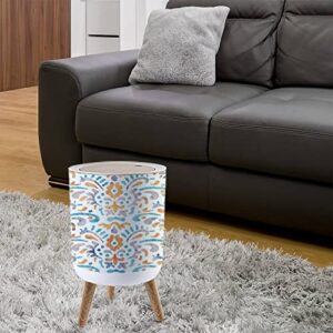 Small Trash Can with Lid Embroidered Seamless Bohemian Wavy Print Watercolor Texture on a White 7 Liter Round Garbage Can Elasticity Press Cover Lid Wastebasket for Kitchen Bathroom Office 1.8 Gallon