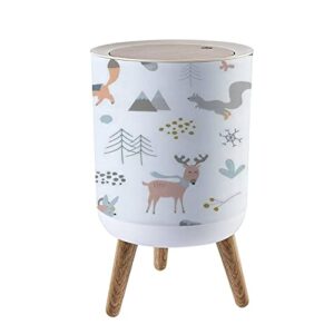 trash can with lid kids children or infants seamless repeat winter forrest animal theme press cover small garbage bin round with wooden legs waste basket for bathroom kitchen bedroom 7l/1.8 gallon