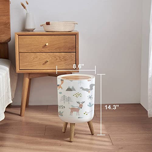 Trash Can with Lid Kids Children or Infants Seamless Repeat Winter Forrest Animal Theme Press Cover Small Garbage Bin Round with Wooden Legs Waste Basket for Bathroom Kitchen Bedroom 7L/1.8 Gallon