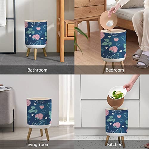 Small Trash Can with Lid Hand Drawn Strawberry Seamless Cartoon Fresh Berry with Hearts Pink Wood Legs Press Cover Garbage Bin Round Waste Bin Wastebasket for Kitchen Bathroom Office 7L/1.8 Gallon