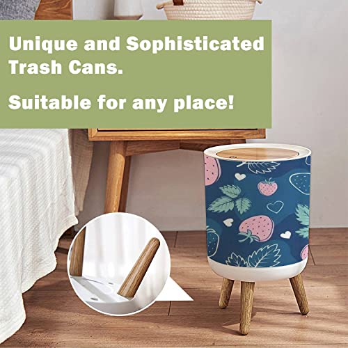 Small Trash Can with Lid Hand Drawn Strawberry Seamless Cartoon Fresh Berry with Hearts Pink Wood Legs Press Cover Garbage Bin Round Waste Bin Wastebasket for Kitchen Bathroom Office 7L/1.8 Gallon