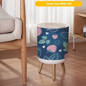 Small Trash Can with Lid Hand Drawn Strawberry Seamless Cartoon Fresh Berry with Hearts Pink Wood Legs Press Cover Garbage Bin Round Waste Bin Wastebasket for Kitchen Bathroom Office 7L/1.8 Gallon