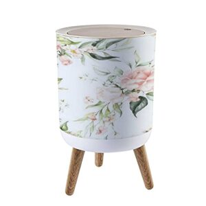 small trash can with lid seamless watercolor floral pink flowers green leaves branches on white round recycle bin press top dog proof wastebasket for kitchen bathroom bedroom office 7l/1.8 gallon