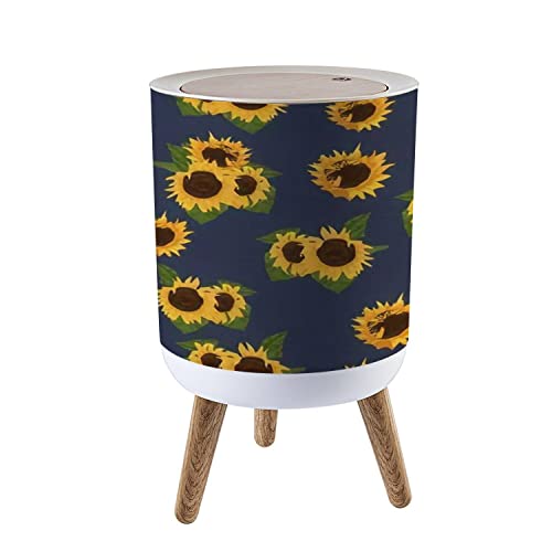 Small Trash Can with Lid Sunflower and Leaf Seamless Flat Watercolor Style Navy Sun Flowers and Round Recycle Bin Press Top Dog Proof Wastebasket for Kitchen Bathroom Bedroom Office 7L/1.8 Gallon