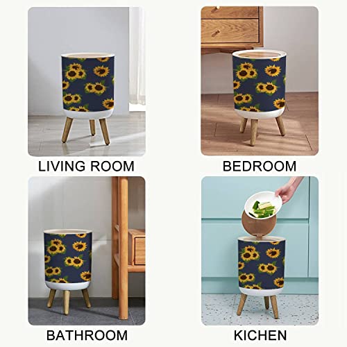 Small Trash Can with Lid Sunflower and Leaf Seamless Flat Watercolor Style Navy Sun Flowers and Round Recycle Bin Press Top Dog Proof Wastebasket for Kitchen Bathroom Bedroom Office 7L/1.8 Gallon