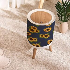 Small Trash Can with Lid Sunflower and Leaf Seamless Flat Watercolor Style Navy Sun Flowers and Round Recycle Bin Press Top Dog Proof Wastebasket for Kitchen Bathroom Bedroom Office 7L/1.8 Gallon