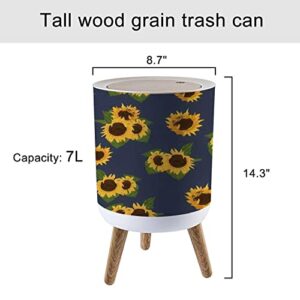 Small Trash Can with Lid Sunflower and Leaf Seamless Flat Watercolor Style Navy Sun Flowers and Round Recycle Bin Press Top Dog Proof Wastebasket for Kitchen Bathroom Bedroom Office 7L/1.8 Gallon