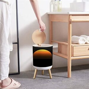 Small Trash Can with Lid 80s sunset retro neon 90s poster electro sun space vintage grid sunset Waste Bin with Wood Legs Press Cover Wastebasket Round Garbage Bin for Kitchen Bathroom Bedroom Office