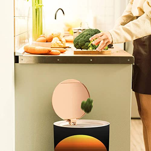 Small Trash Can with Lid 80s sunset retro neon 90s poster electro sun space vintage grid sunset Waste Bin with Wood Legs Press Cover Wastebasket Round Garbage Bin for Kitchen Bathroom Bedroom Office