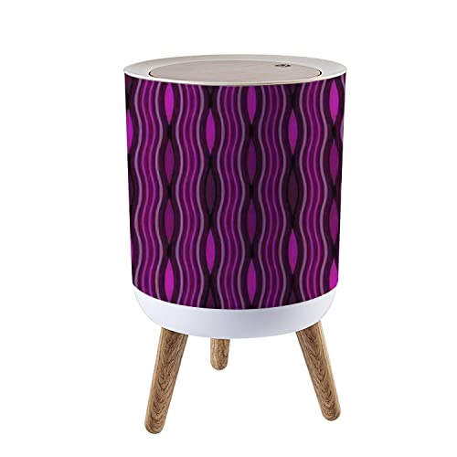 Small Trash Can with Lid Full Seamless Vertical Lines Texture Colorful Women Dress Fabric Print Waste Bin with Wood Legs Press Cover Wastebasket Round Garbage Bin for Kitchen Bathroom Bedroom Office