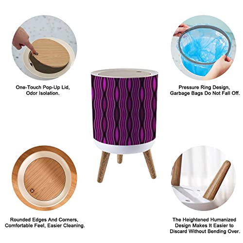 Small Trash Can with Lid Full Seamless Vertical Lines Texture Colorful Women Dress Fabric Print Waste Bin with Wood Legs Press Cover Wastebasket Round Garbage Bin for Kitchen Bathroom Bedroom Office