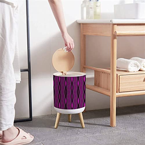 Small Trash Can with Lid Full Seamless Vertical Lines Texture Colorful Women Dress Fabric Print Waste Bin with Wood Legs Press Cover Wastebasket Round Garbage Bin for Kitchen Bathroom Bedroom Office