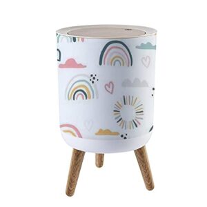 small trash can with lid seamless with hand drawn rainbows and sun trendy baby texture for wood legs press cover garbage bin round waste bin wastebasket for kitchen bathroom office 7l/1.8 gallon